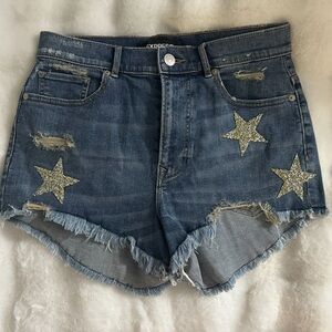Express Dark Blue Distressed Denim High Waist Shorts with Star Embellishments